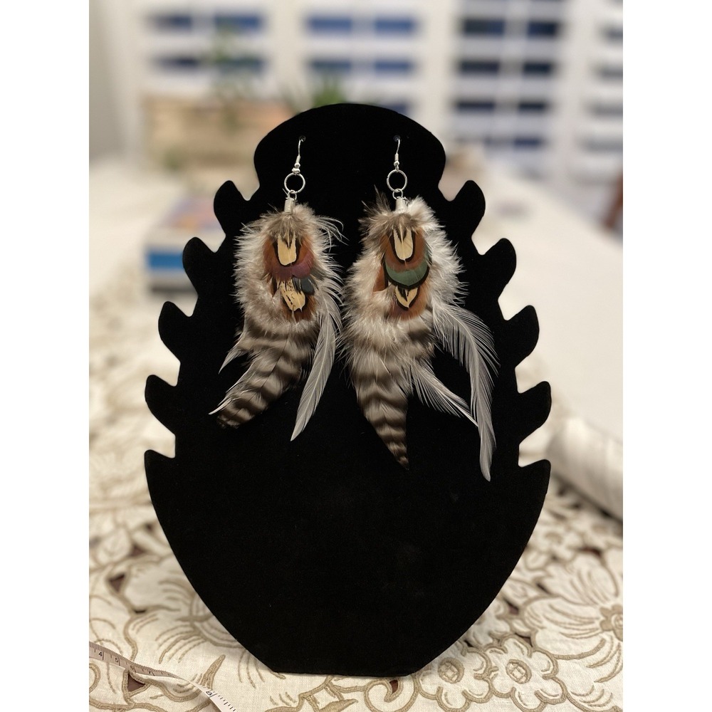 Handmade Boho Feather Dangle Earrings Natural Pheasant Style 5.5" Festival